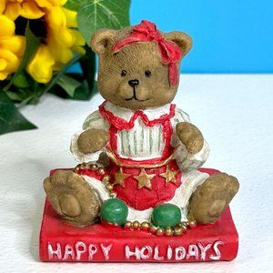 Vintage Hermitage Pottery Happy Holidays Christmas Bear Sitting On Book Figurine